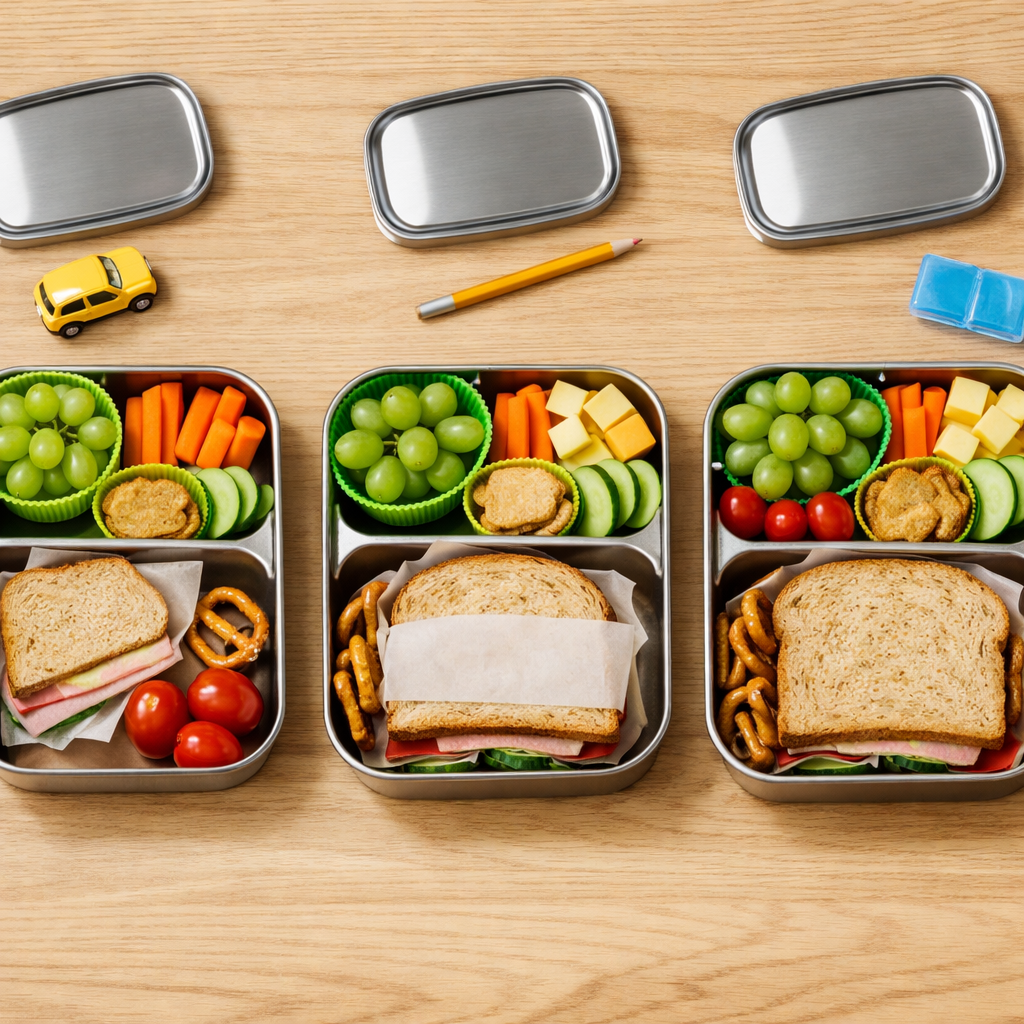 Overhead flatlay of three compartment lunchboxes showing increasing portion sizes and food variety.