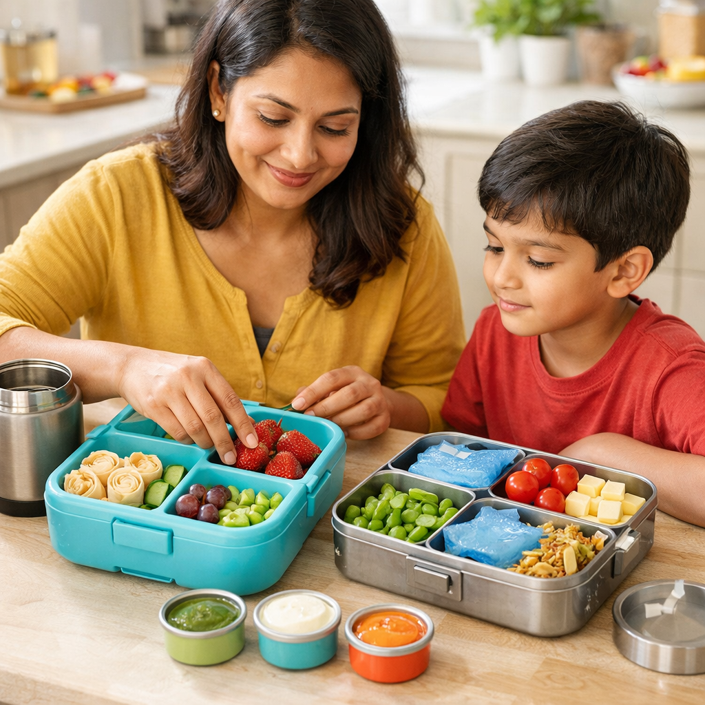 Parent placing an ice pack and frozen smoothie into a compartmented bento to keep dairy and dips cold.
