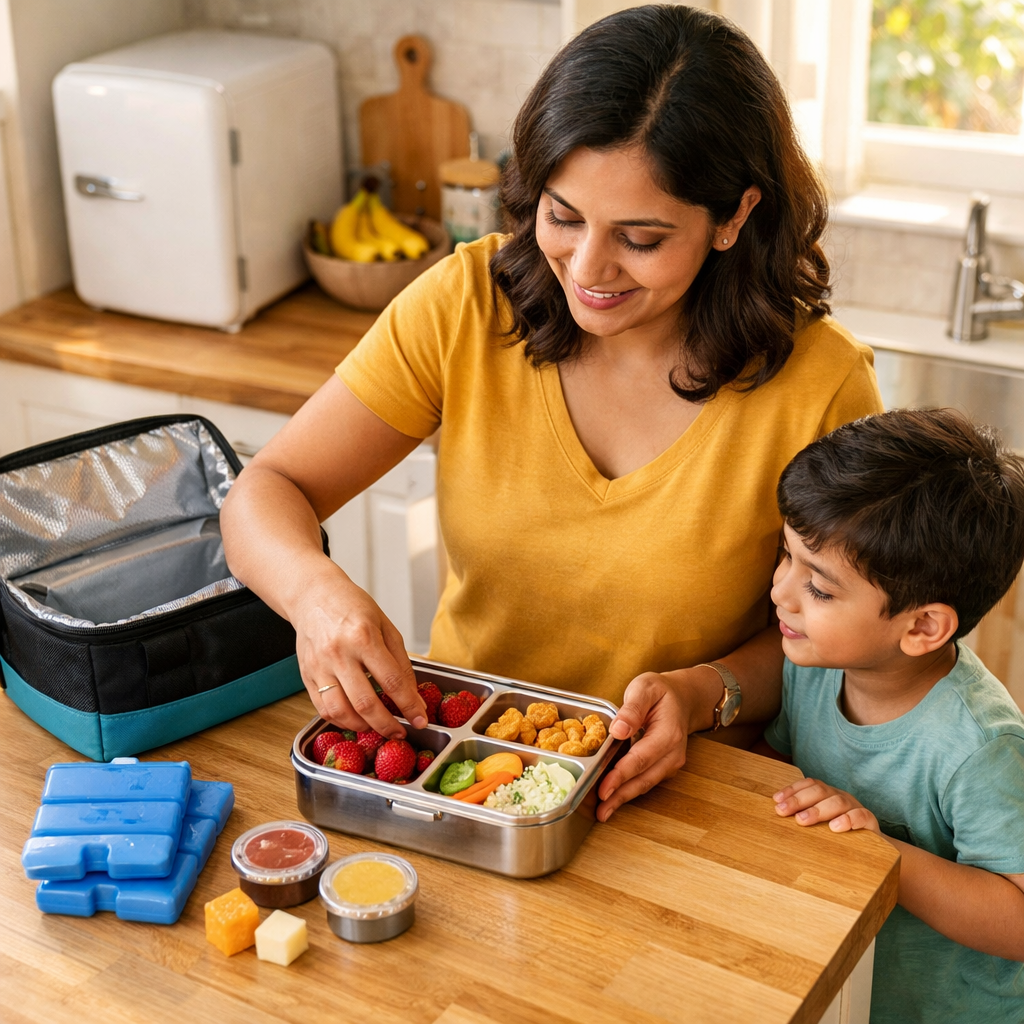 Parent packing a compartmented no-heat lunch with ice packs on a sunlit kitchen counter.