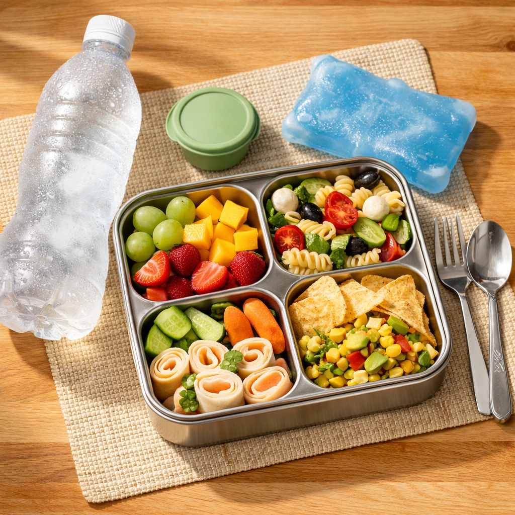 Top-down view of a stainless steel bento with chilled summer foods and a frozen water bottle