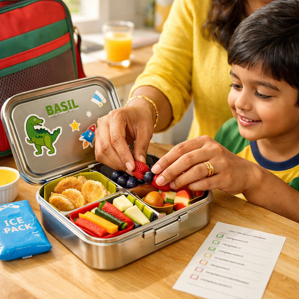 Parent arranging colorful bento compartments on a kitchen counter while a child watches.