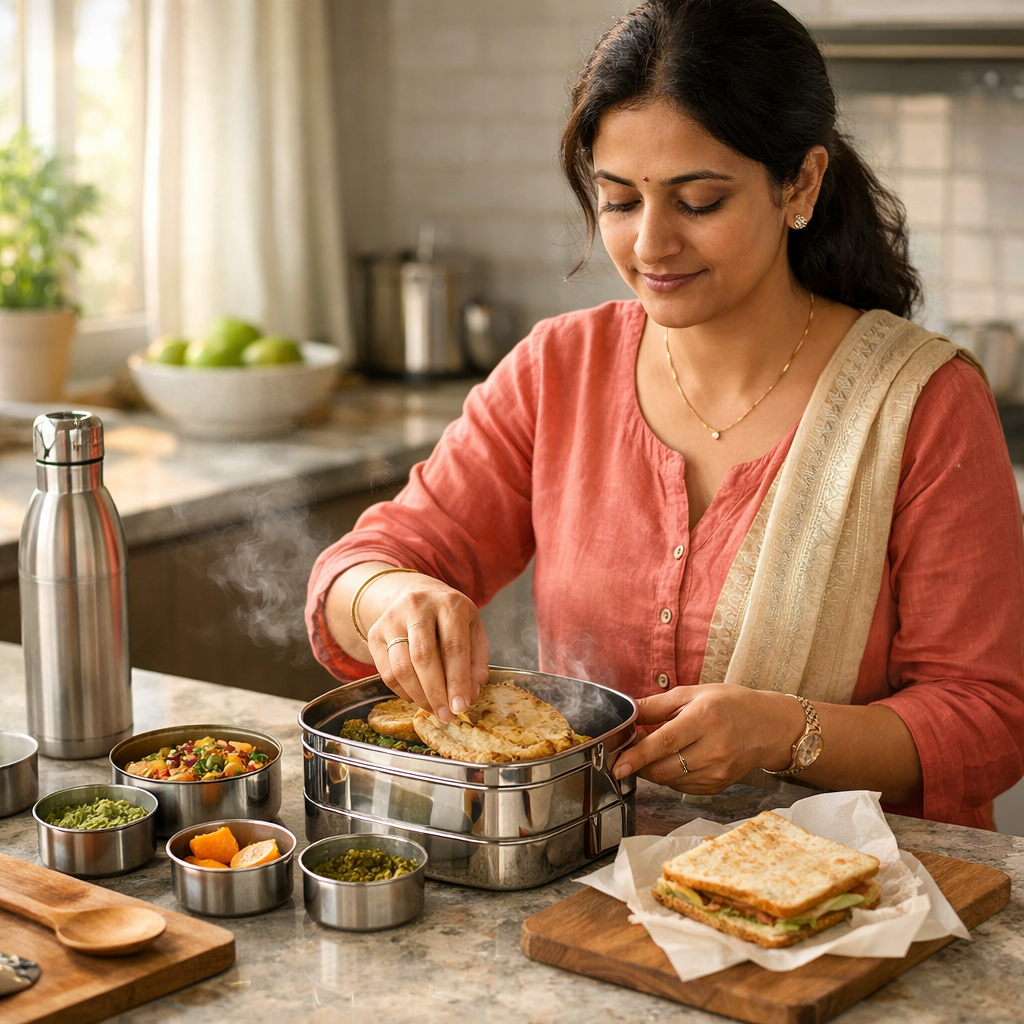 Parent packing a stainless-steel tiffin with paratha, paneer cubes and fruit on a kitchen counter.