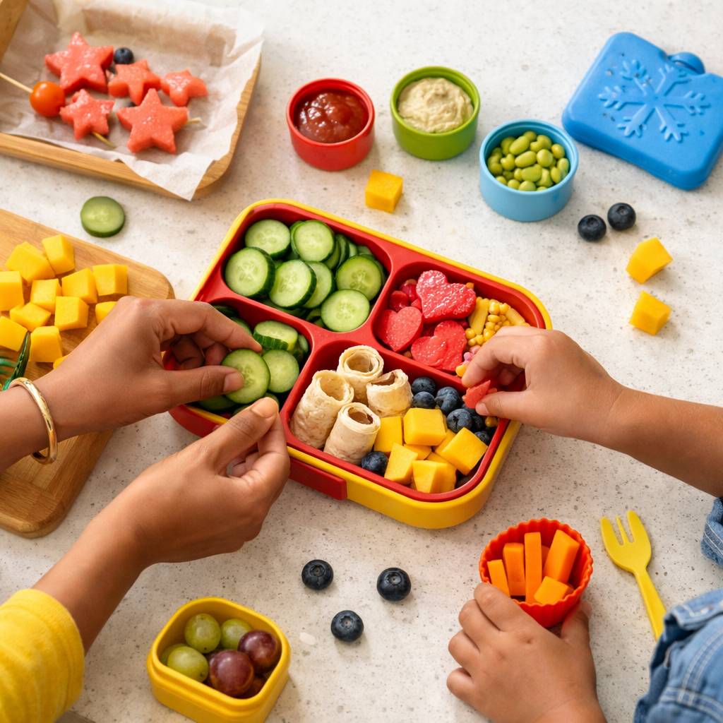 Parent and child packing a colorful bento-style lunch on a bright kitchen counter.