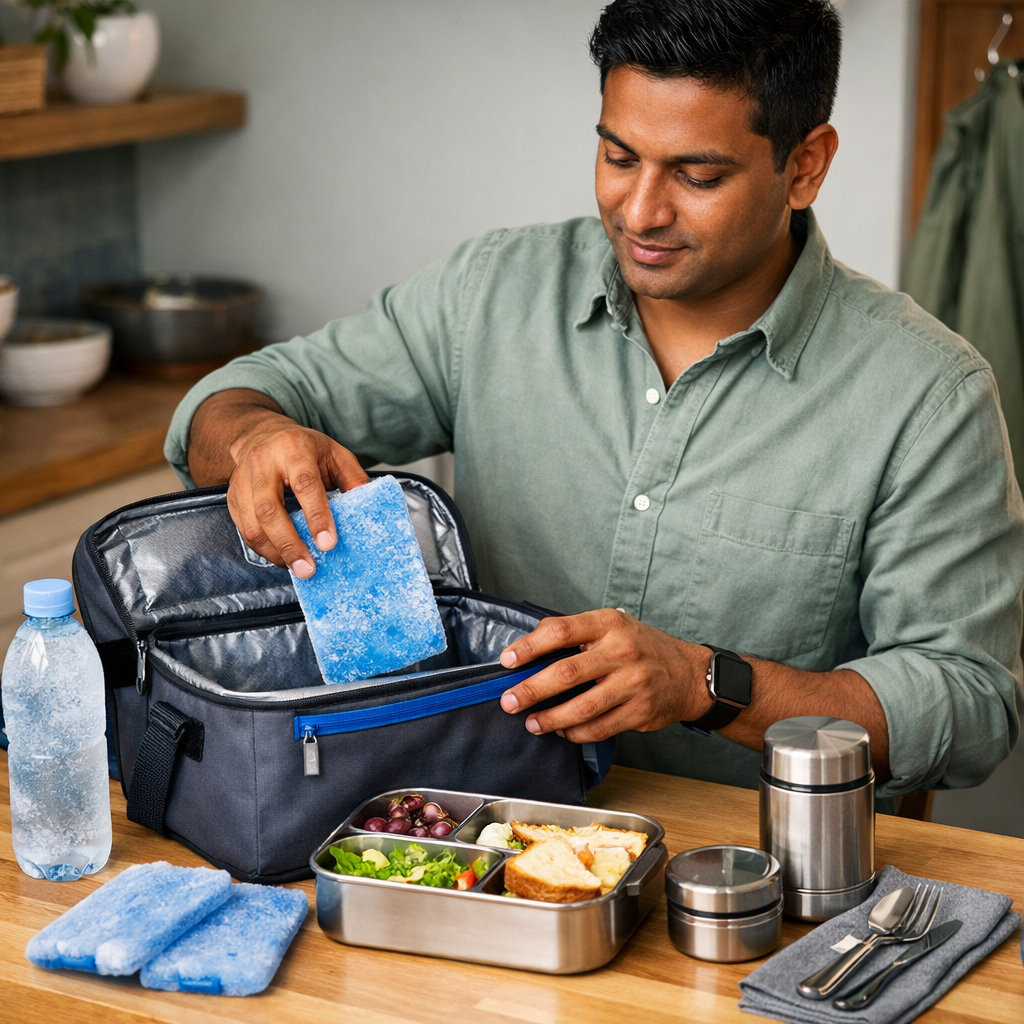 Person methodically packing ice packs, a thermos, and a steel bento into an insulated lunch bag