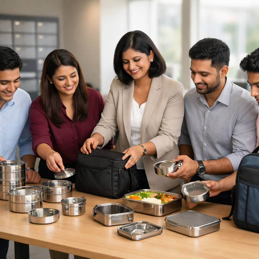 Office team inspecting assorted stainless-steel tiffin boxes and branded lunch kits on a conference table.
