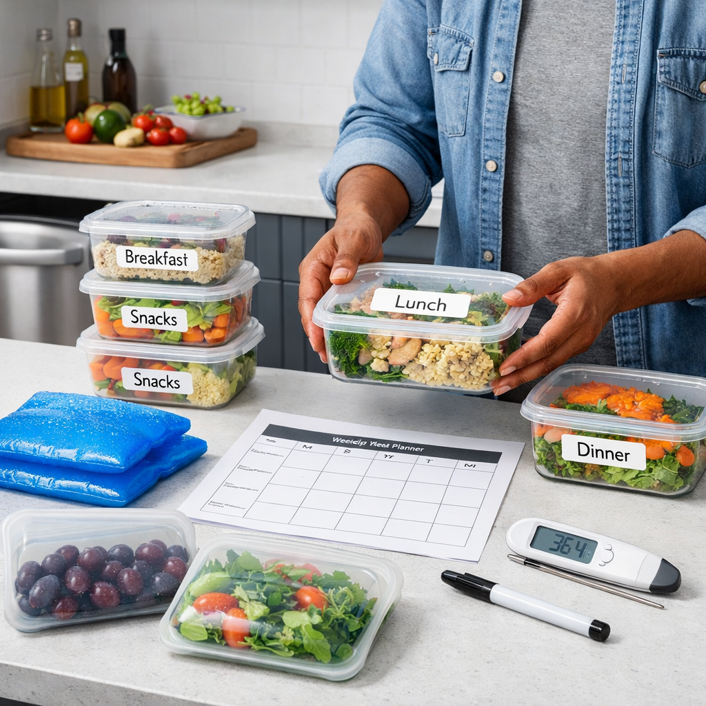 Labeled meal-prep containers and a 7-day planner arranged on a kitchen island.