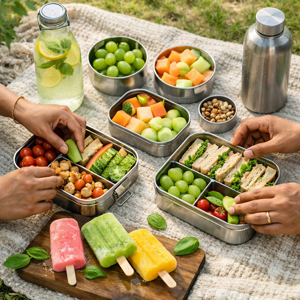 Hands arranging stainless-steel bento boxes with chilled fruit pops and a steel bottle on a picnic blanket