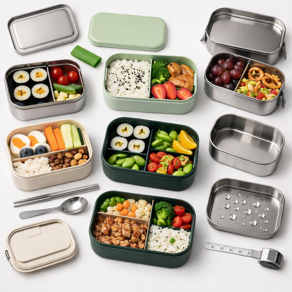Top-down view of opened bento boxes, gaskets, utensils and sample foods arranged for comparison.
