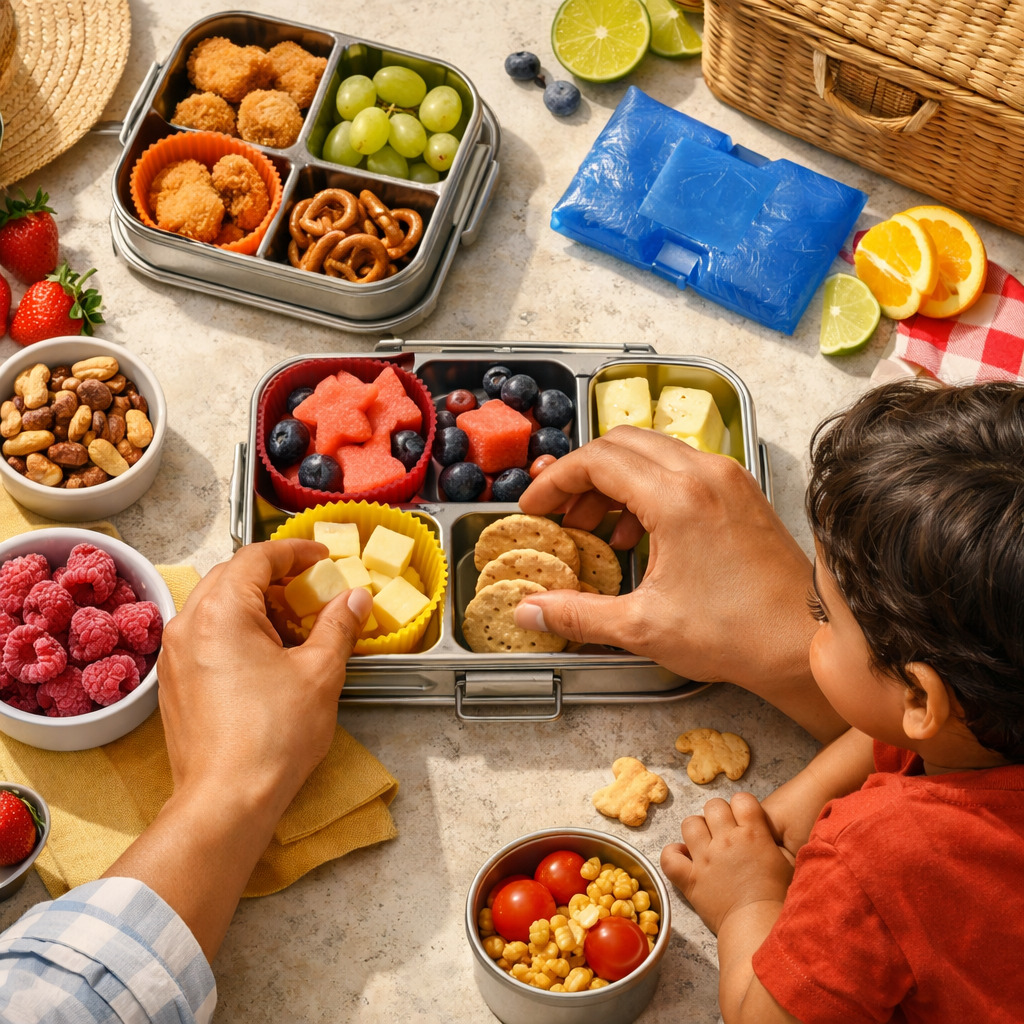 Overhead of hands packing a stainless-steel bento with colorful snacks and frozen raspberries