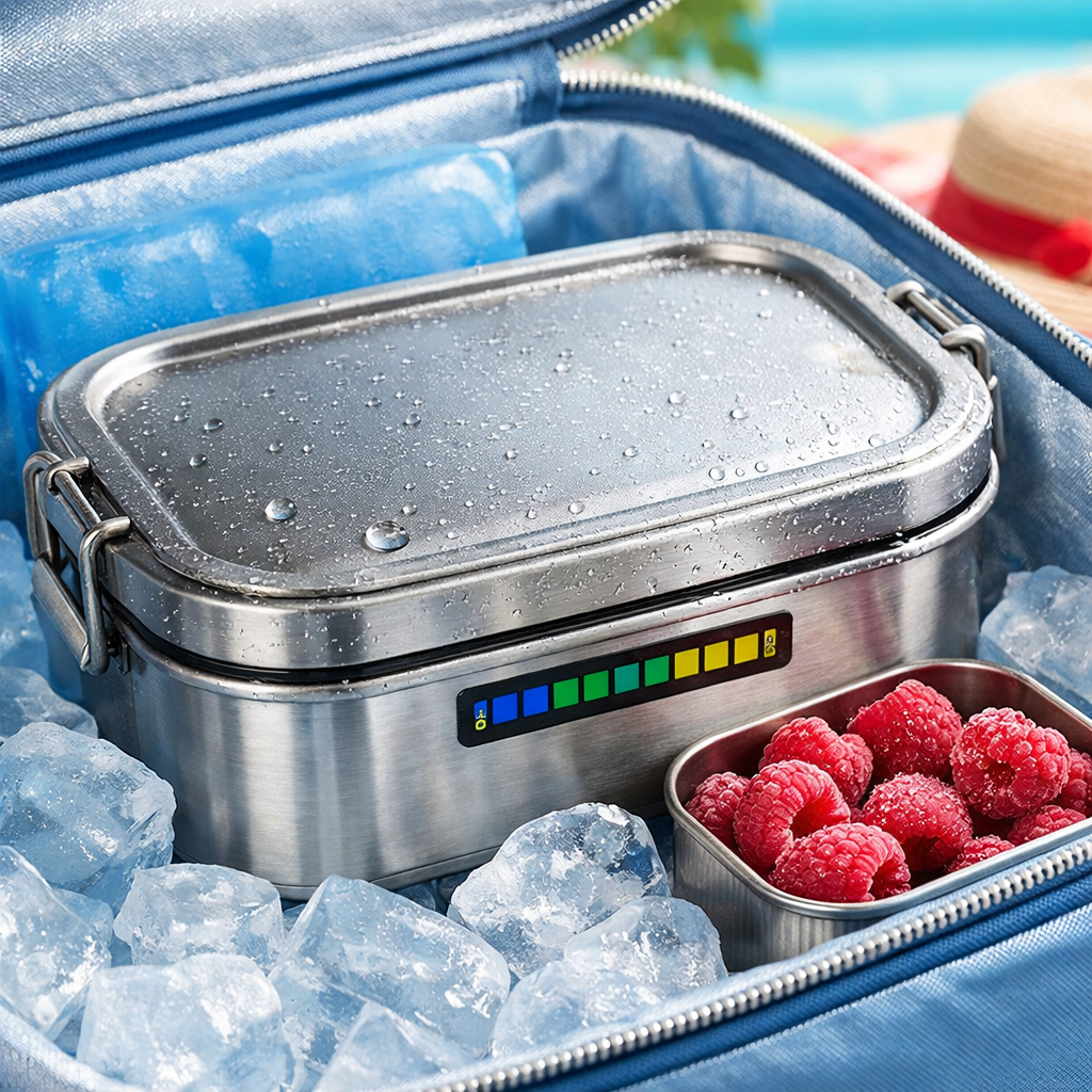 Closeup of an open insulated bento box with ice pack and thermometer strip showing safe temperature