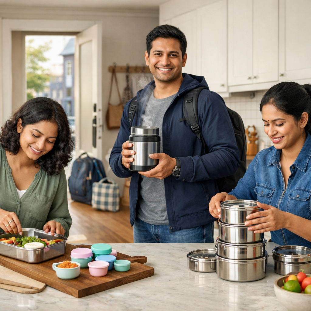 Three people in a modern kitchen preparing and organizing stainless steel lunch containers for school, commuting, and meal-prep.