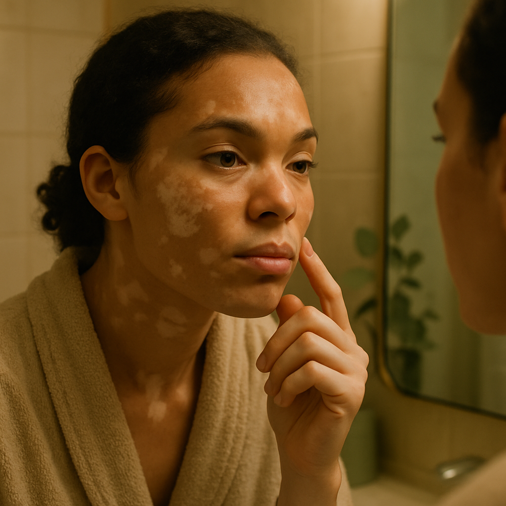 A person with facial pigmentation inspecting their reflection