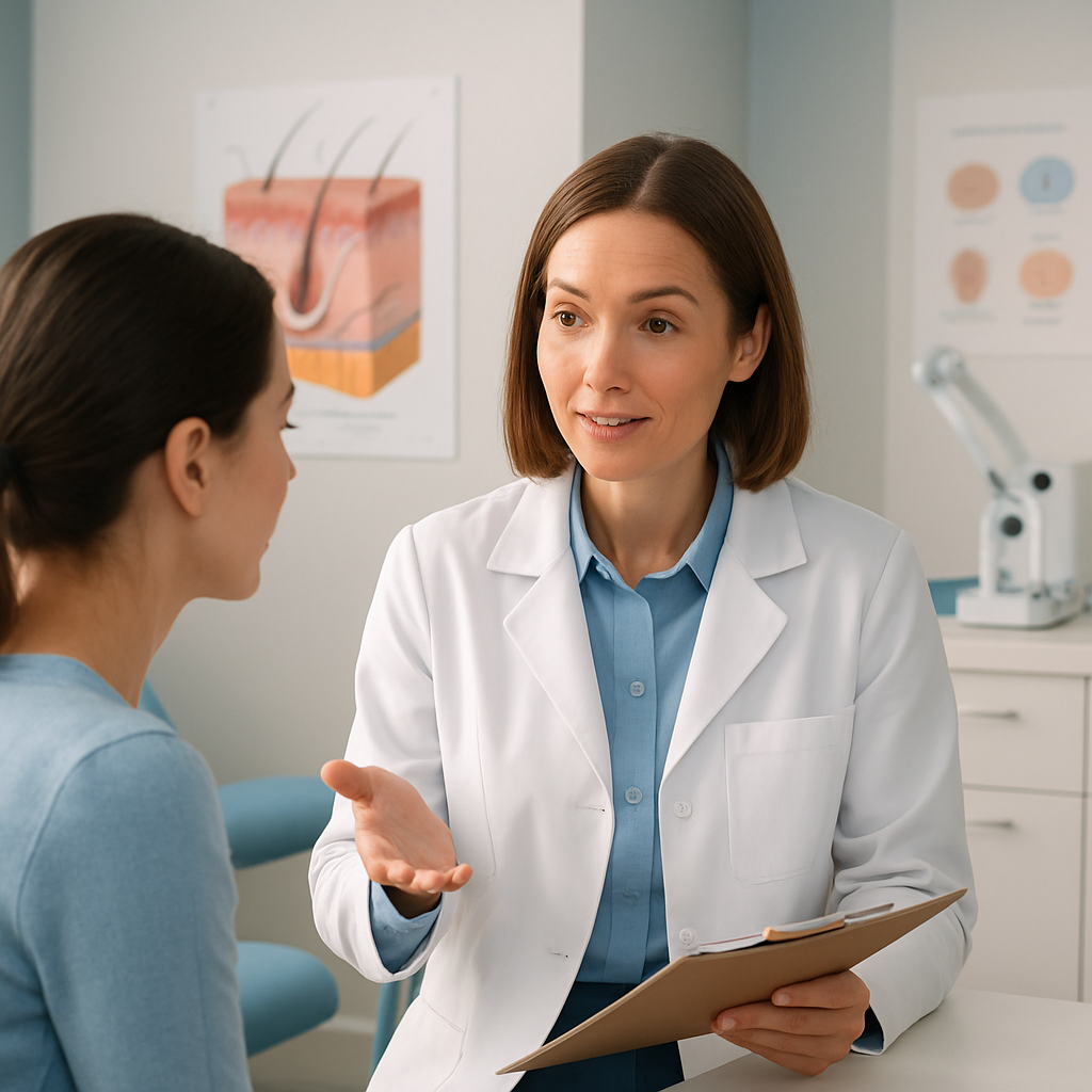 A dermatologist explaining treatment options to a patient