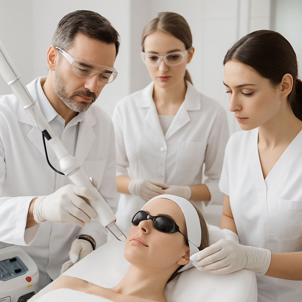 Skin clinic with professionals using laser technology on a patient.