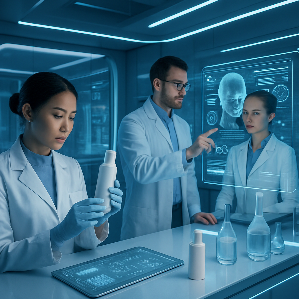 Skincare professionals working together in a futuristic lab.